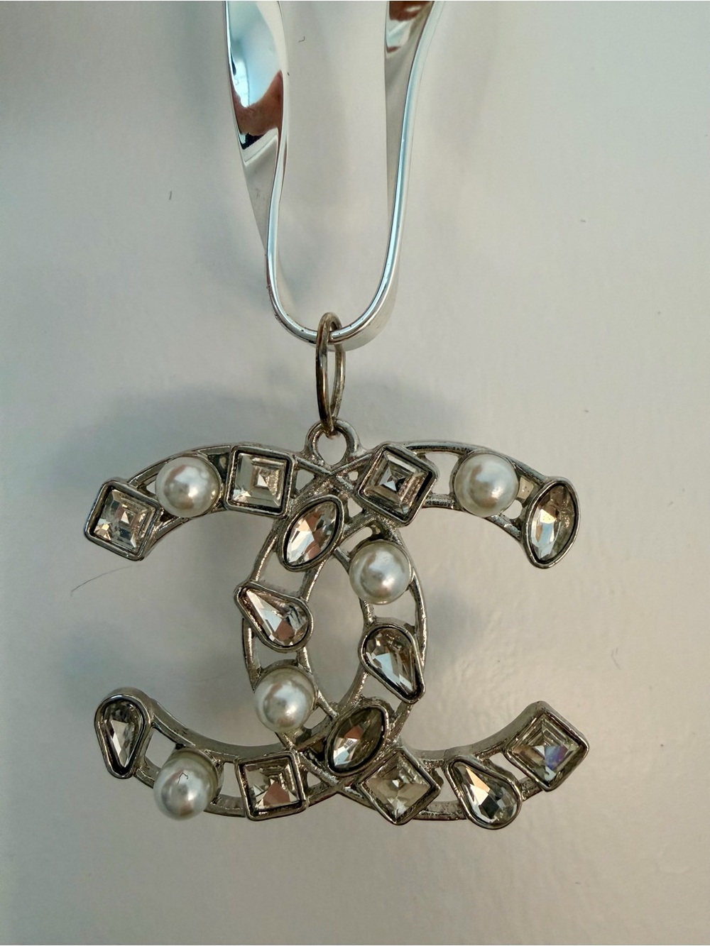 Silver-Tone Pearl & Crystal Double C Upcycled Pendant Necklace